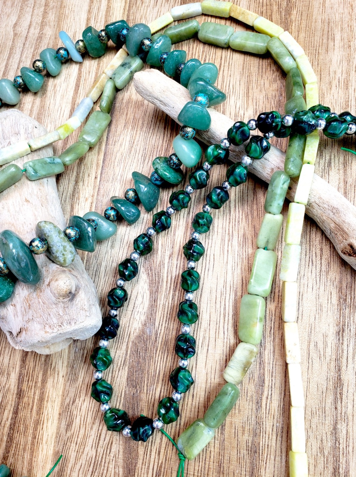 natural stone & glass beads, green hues, 15″ strands x4, jewelry, craft, hobby