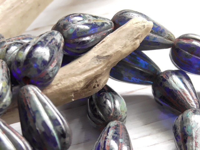 8 – 13x8mm CZECH COBALT BLUE PICASSO, BRICK RED WASH MELON DROP TEARDROP BEAD