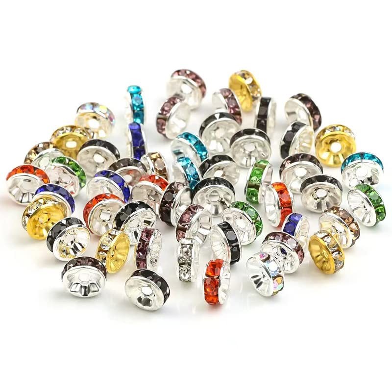 200Pcs 8mm Rondelle Spacer Beads Silver Plated AB Color Crystal Rhinestone for J