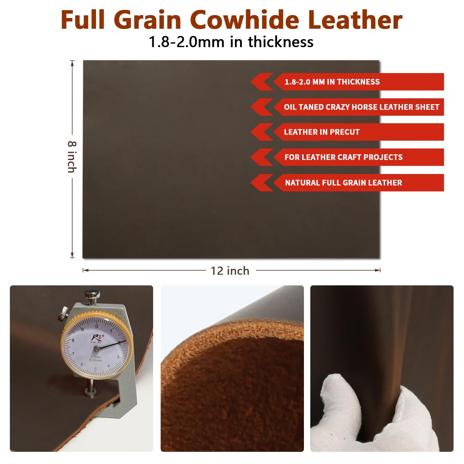 Genuine Leather Sheet 8×12 Full Grain Cowhide 2mm Tooling Crafts Sewing Brown