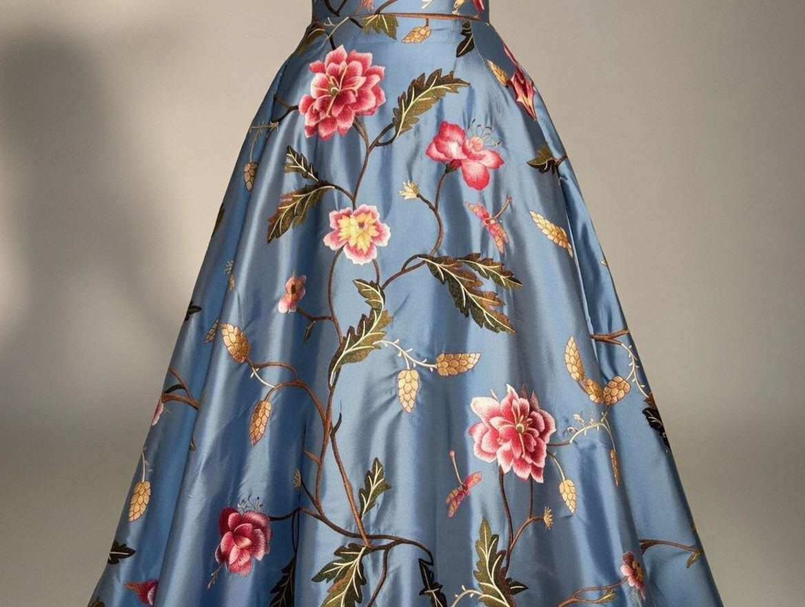 100% Silk dupioni silk 54″-Blueish grey [slate blue] with floral embroidery