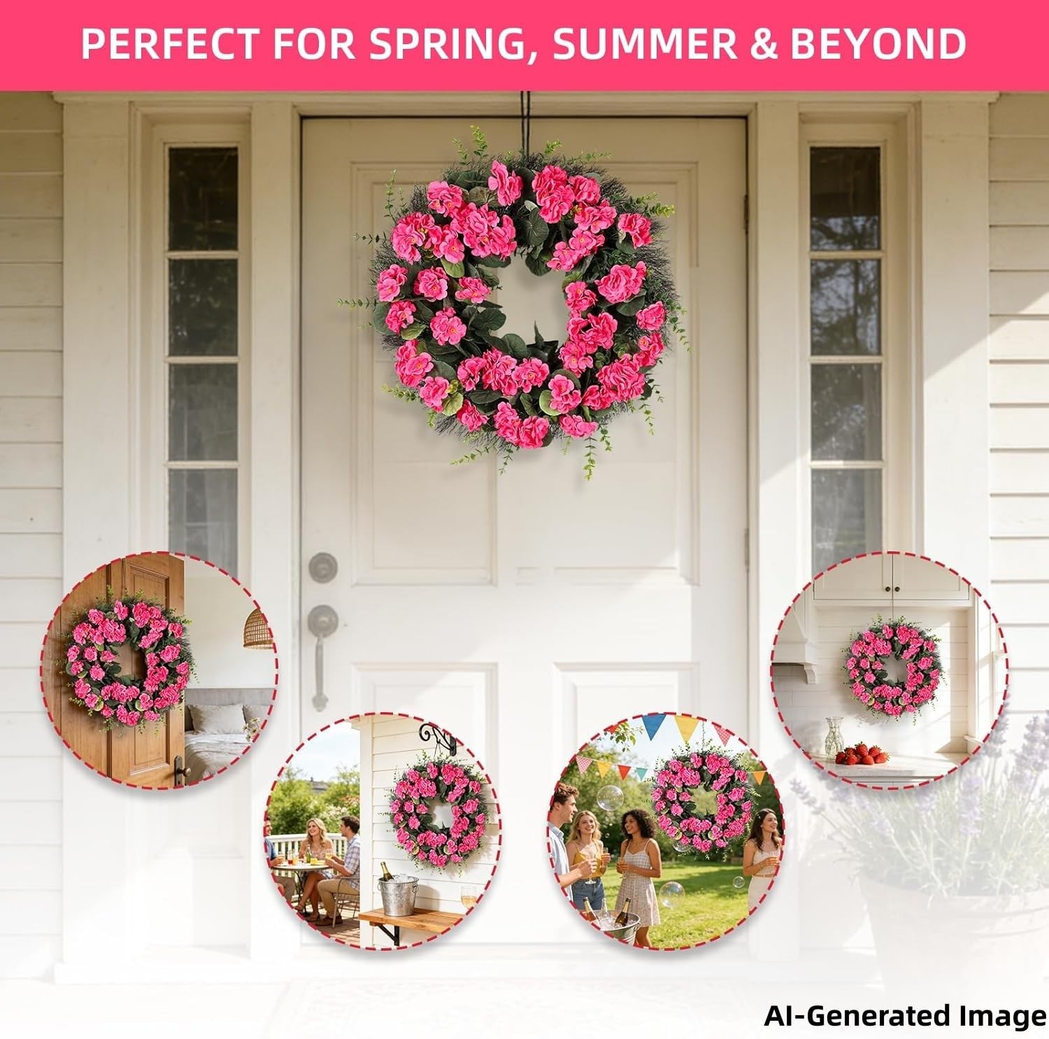 Kuimen Rose Red Artificial Geranium Wreath 22 Inch Spring Summer Wreaths For