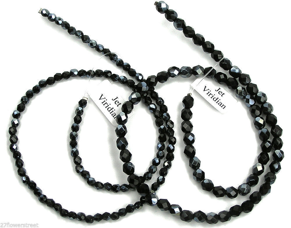 Czech Fire Polished Round Faceted Beads in Jet Viridian half coated, 16″ strand
