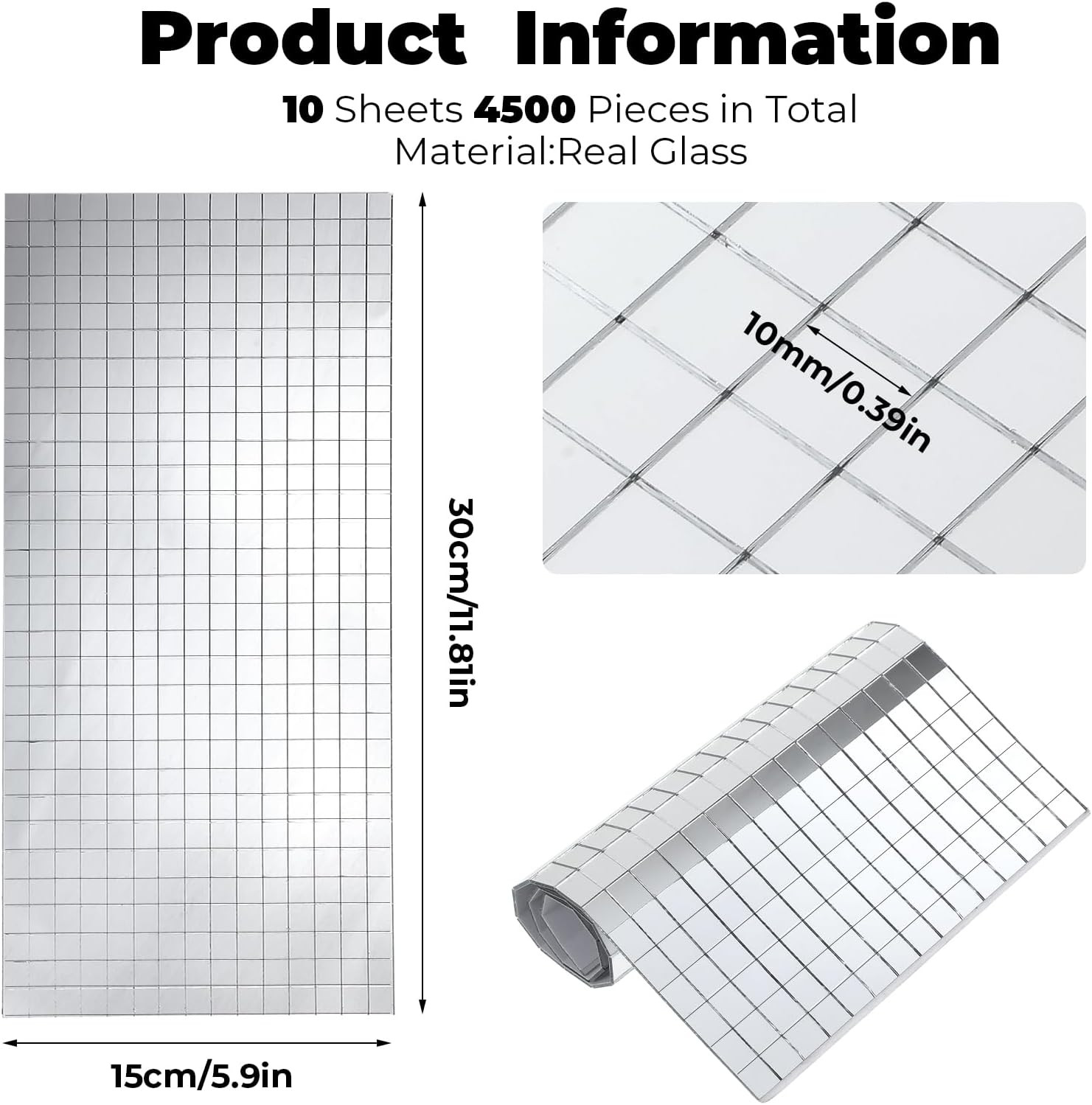4500 Pcs 10X10 Mm Self Adhesive Disco Mirror Tiles, Square Disco Mosaic Tiles