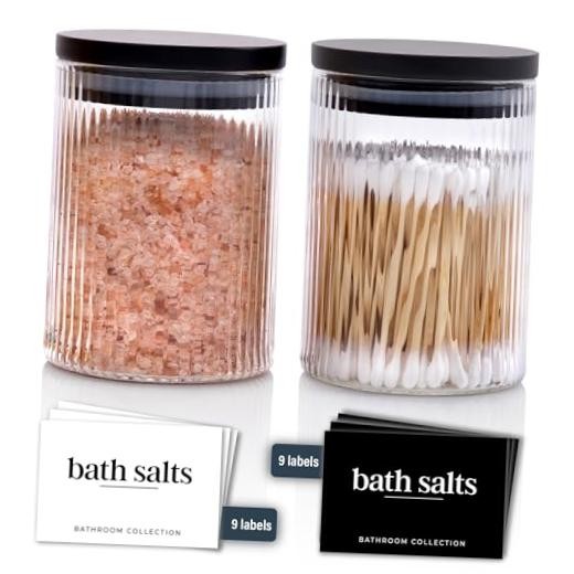 Ribbed Glass Bathroom Jars with Black Bamboo Lids | Cotton Pad / Swab / Q tip
