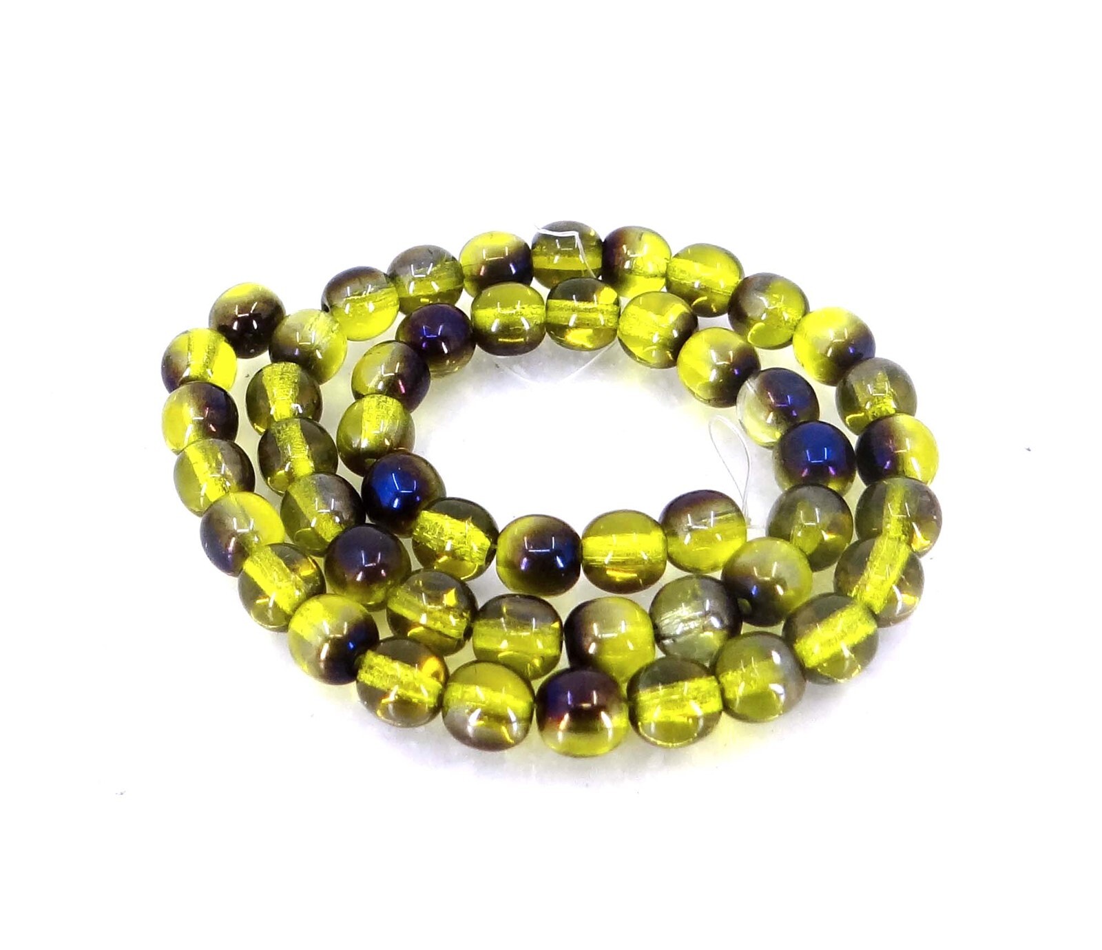 50 Czech Glass Round Beads – Blue Iris – Lemon Yellow 6mm