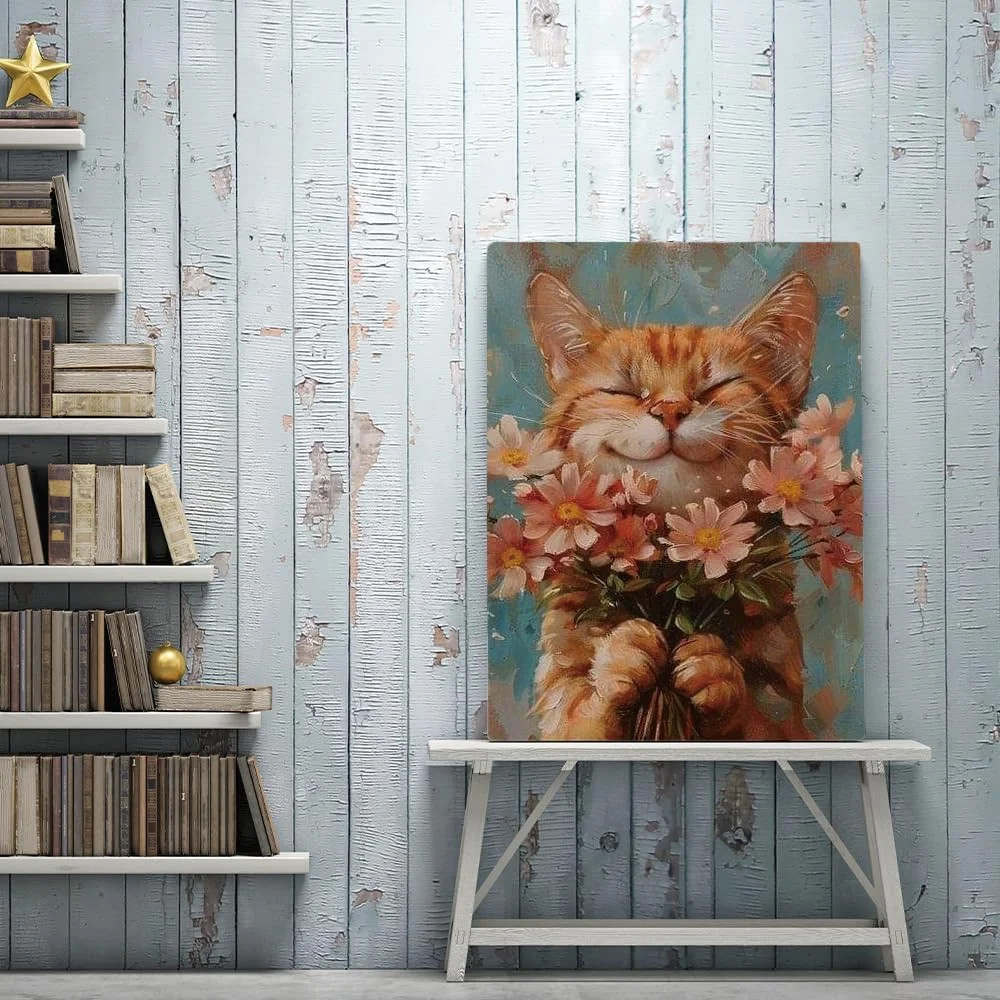 Smiling Orange Cat with Flowers Diamond Painting Kits for Adults, Ginger Cat Dai