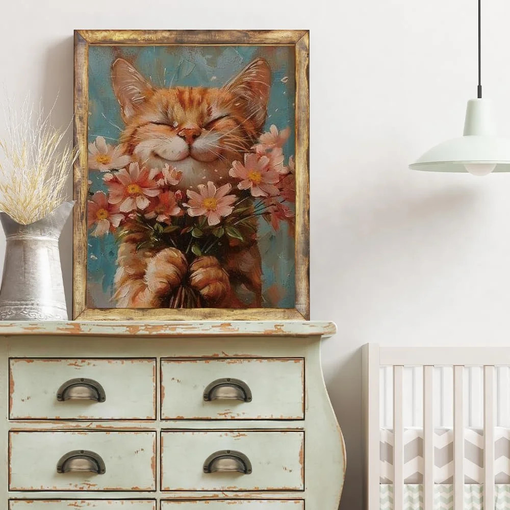 Smiling Orange Cat with Flowers Diamond Painting Kits for Adults, Ginger Cat Dai