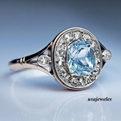 2.90CT Oval Cut Real Aquamarine 14K White Gold Finish Wedding Halo Jewelry Ring