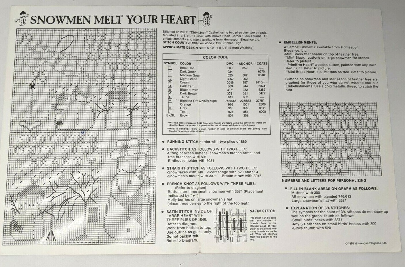 VTG Homespun Elegance Snowmen Melt Your Heart Sullivan Cross Stitch Pattern SS21