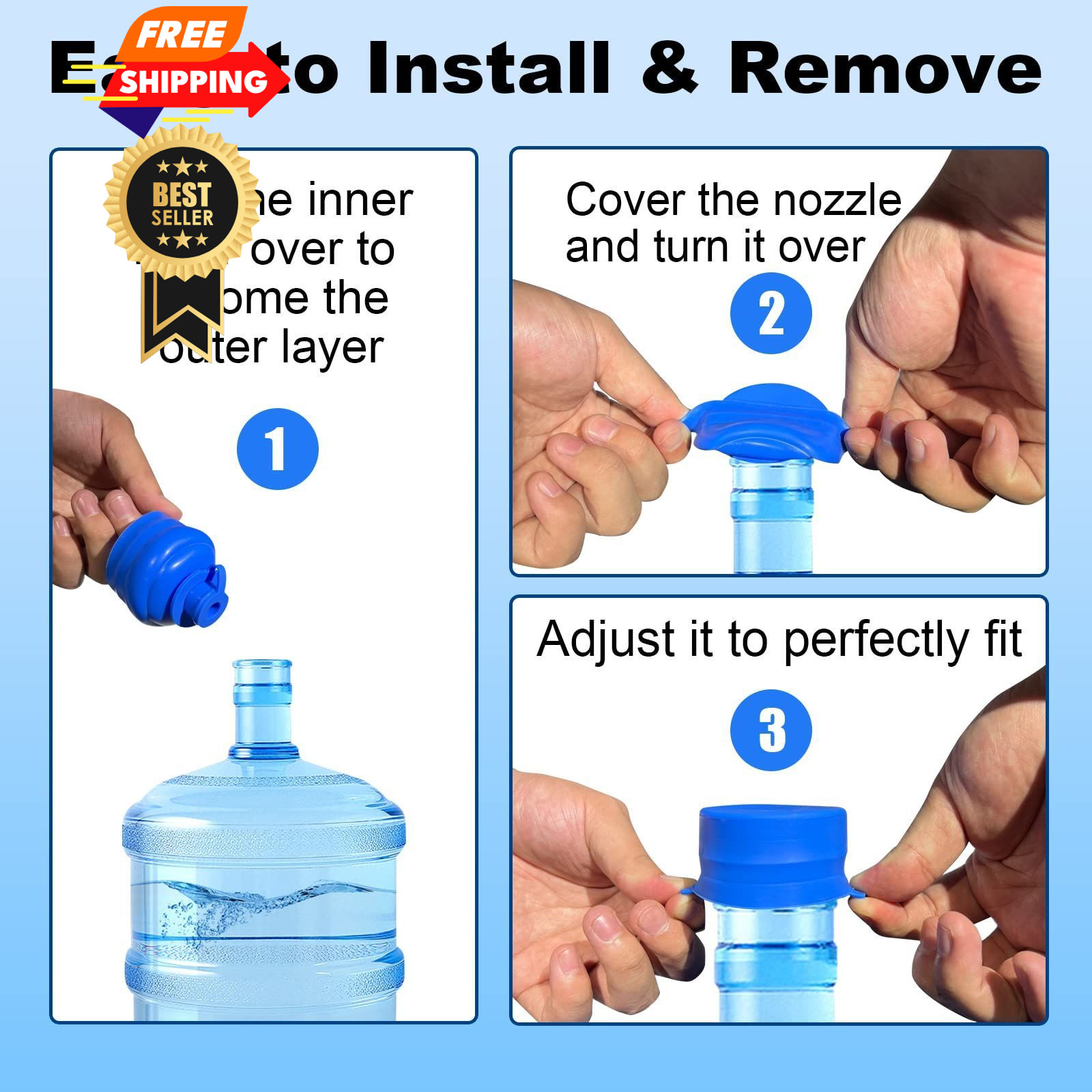 MYLOLF 3 & 5 Gallon Water Jug Cap, 3 Pack Reusable Food Grade Silicone Blue