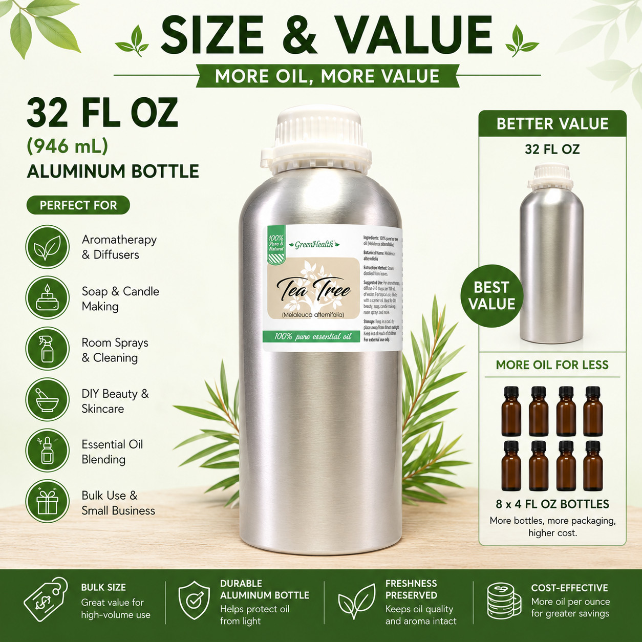 32 fl oz Tea Tree Essential Oil (100% Pure & Natural) in Aluminum Bottle