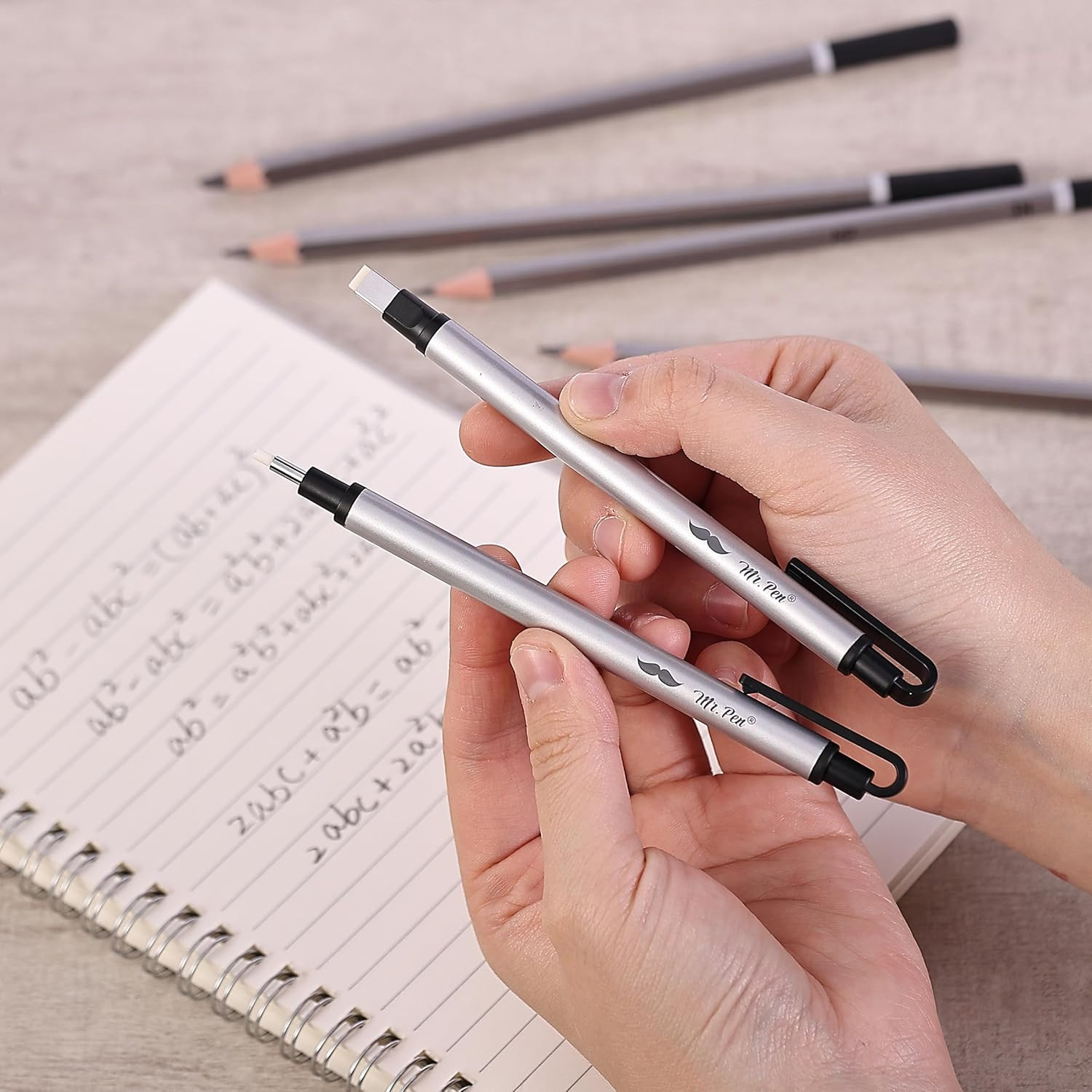 – Pen Style Eraser, 2 Pack, Square & round Tip, Eraser Silver