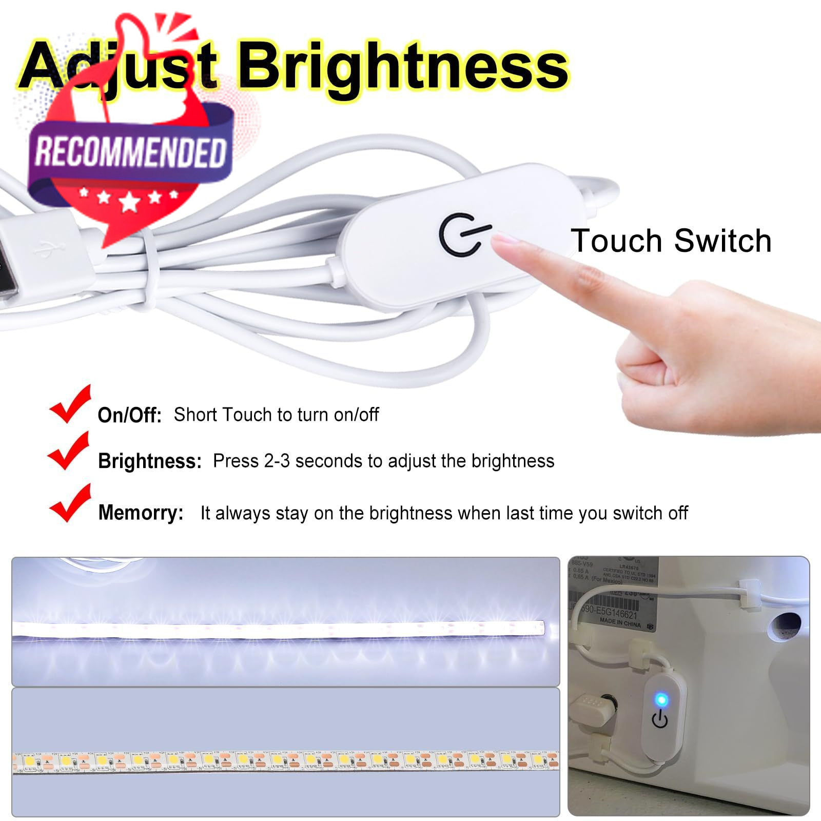 Sewing Machine Led Light Strip With Touch Dimmer, Usb Powered 6500k Cold White