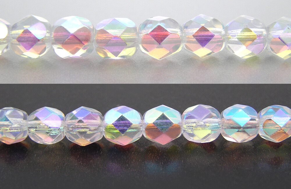 Czech Fire Polished Round Faceted Glass Beads, Crystal AB2X full Aurora Borealis