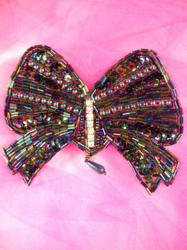 0432 BLACK AB SEQUIN BEADED RHINESTONE BOW APPLIQUE