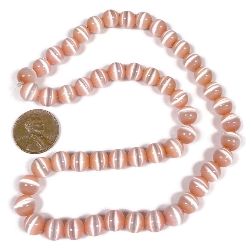 50 Cat’s Eye Fiber Optic Glass Peach Pink 8mm. Smooth Round Beads 2584