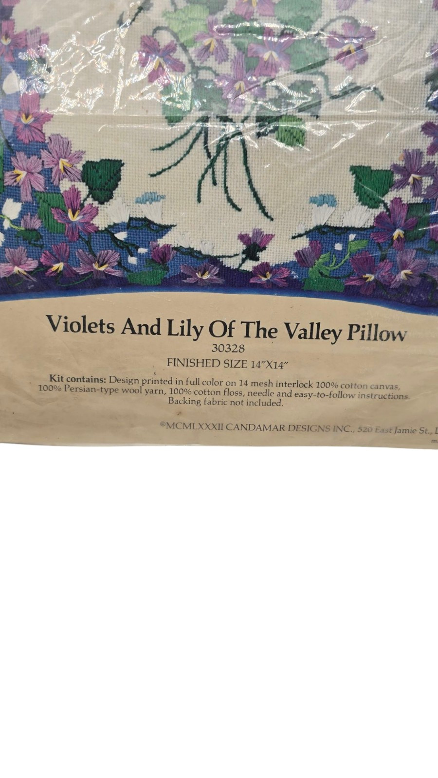 Vtg Something Special Needlepoint Pillow kit 14″ VIOLETS AND LILY OF THE VALLEY