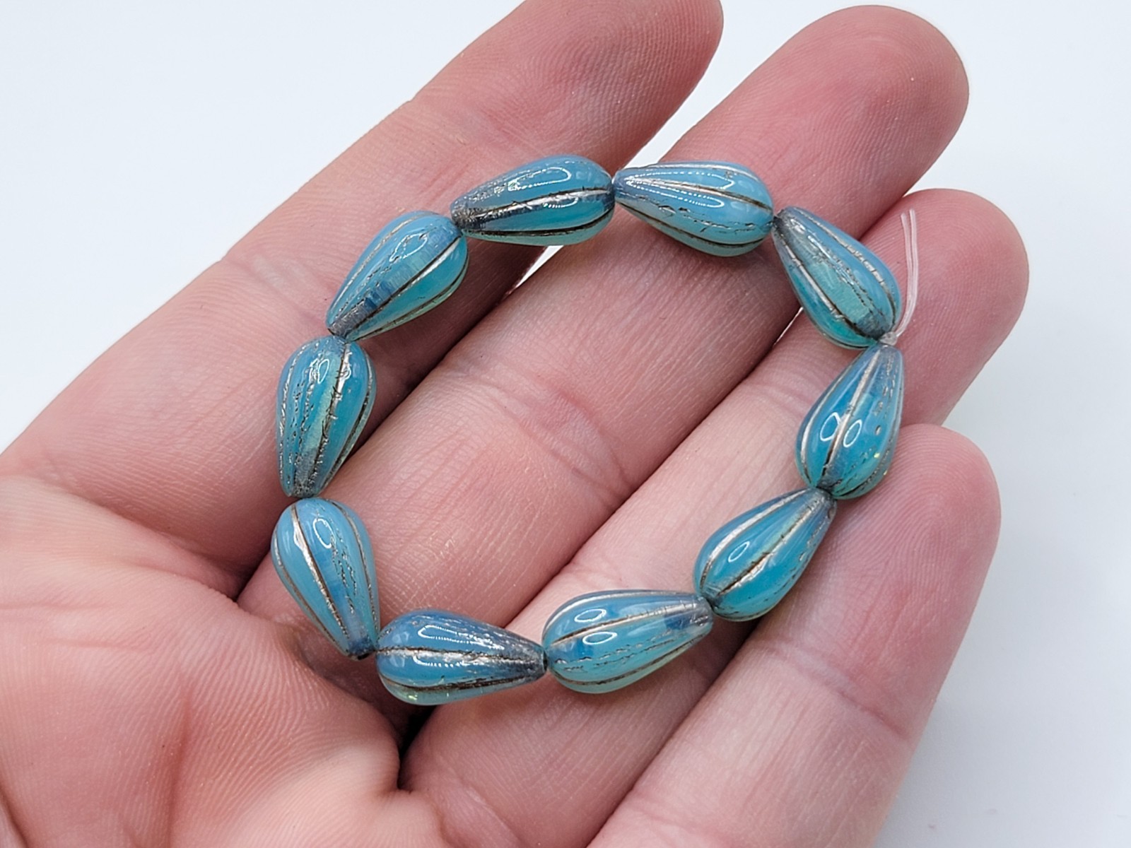 Melon Drop Uranium Glass Beads 13x8mm Czech Blue Opal Silver Wash 10pc Strand
