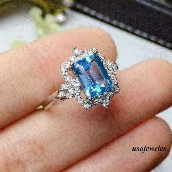 Emerald Cut 2CT Real Aquamarine Wedding Halo Jewelry Ring 14K White Gold Finish
