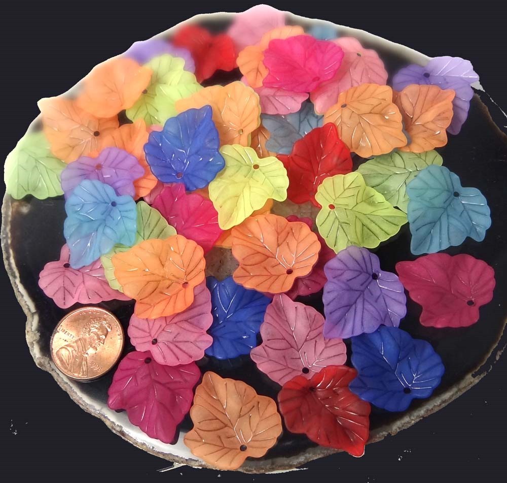 50 Mixed Colorful Translucent Acrylic Frosted Maple Leaf Pendant Charm 24mm