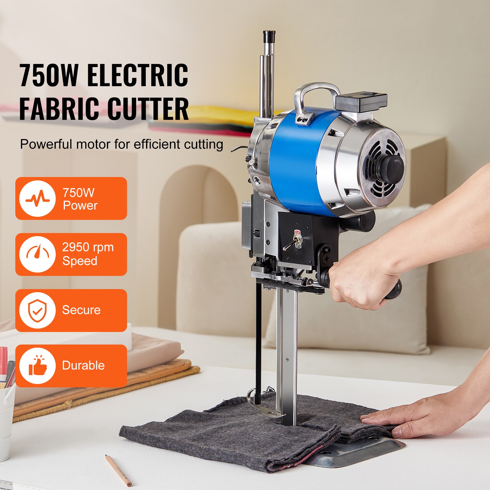 VEVOR Fabric Cutter 750W High-Speed Straight Knife Cloth Cutting Machine 9.8in