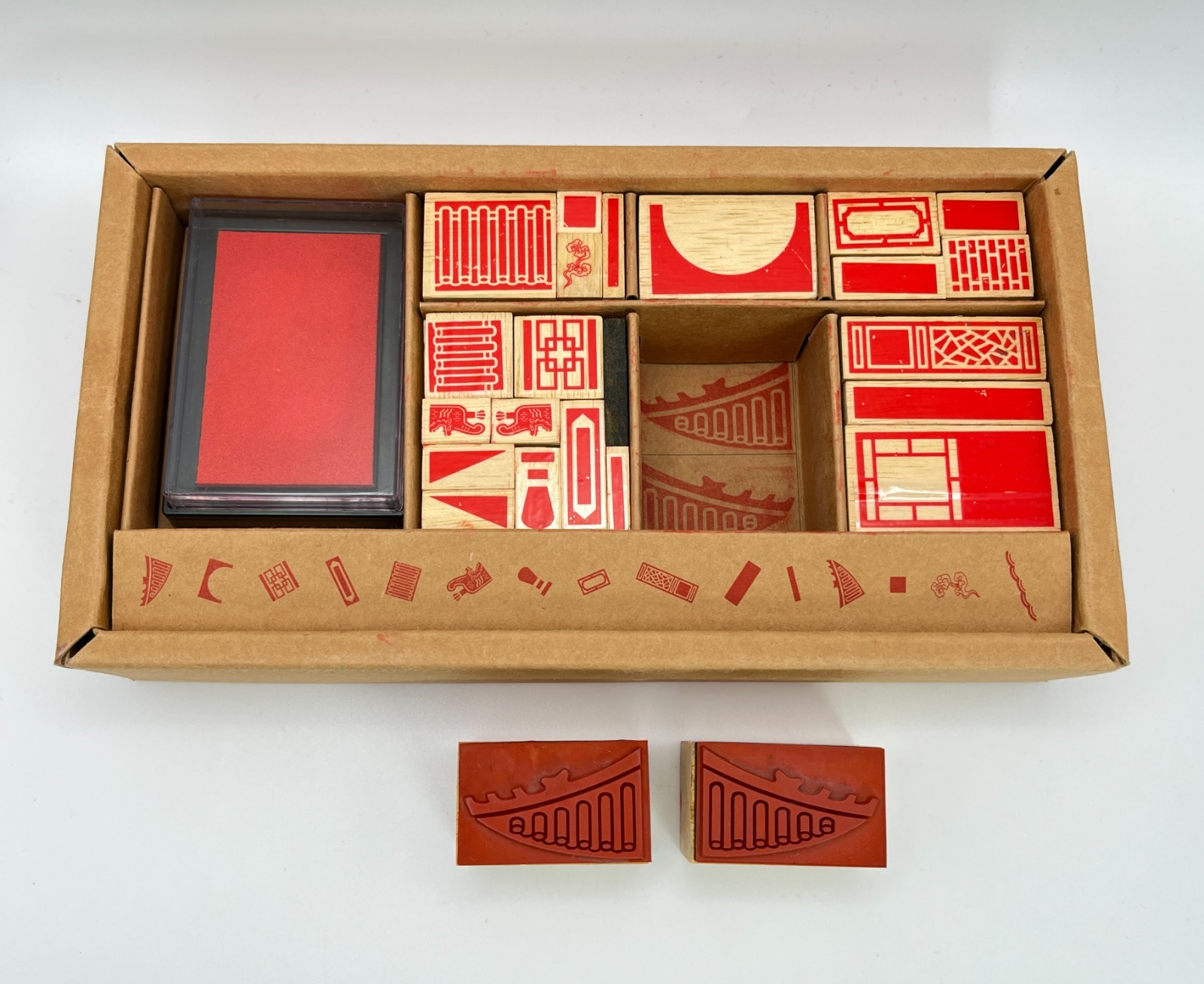 X JOY DESIGN Chinese Architecture Ink Stamps Wood Rubber Stamp Set Box Complete
