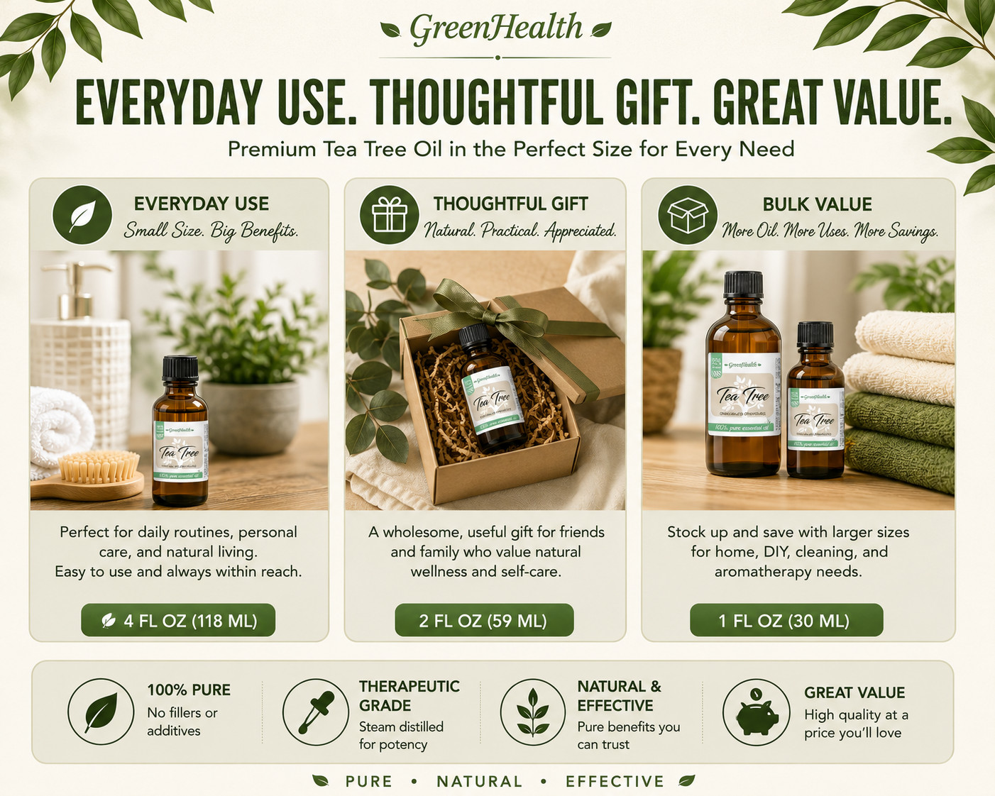 Tea Tree Essential Oil 100% Pure Many Sizes Free Shipping – GreenHealth