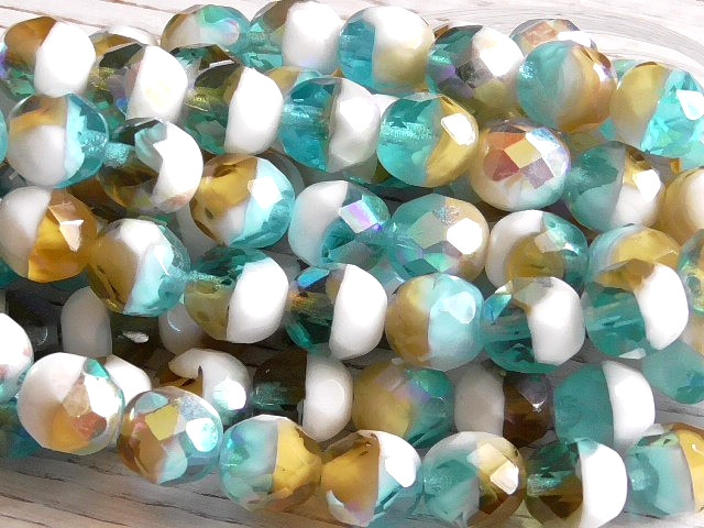 12 – 8mm CZECH AQUA BLUE AMBER WHITE AB ROUND FACETED FIRE POLISHED GLASS BEADS