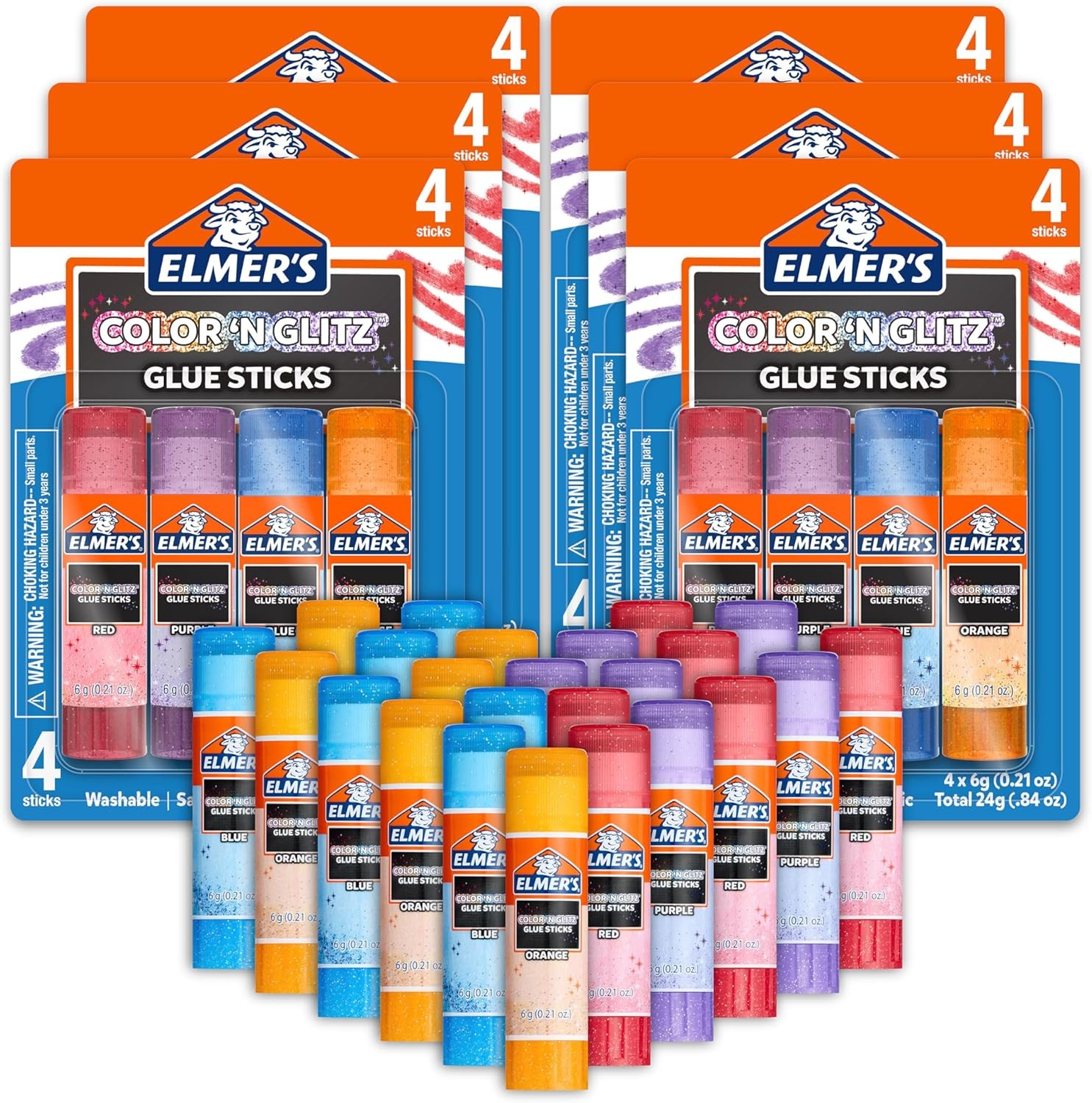 Elmer’s Color ‘n Glitz Glue Sticks, Washable, Assorted Colors, 24 Count (6 Packs