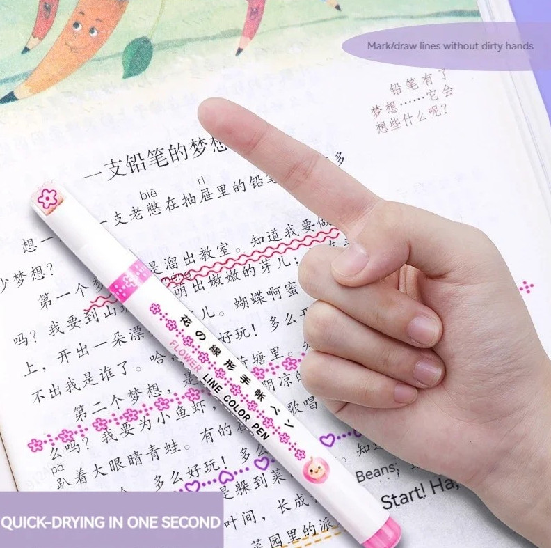 6pcs Flower Line Highlighter Set Roller Tip Curve Marker Kawaii Stationery – NEW