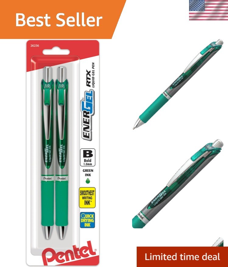 Stylish EnerGel RTX Retractable Pens 1.0mm Green Ink with Rubber Grip, 2 Pack