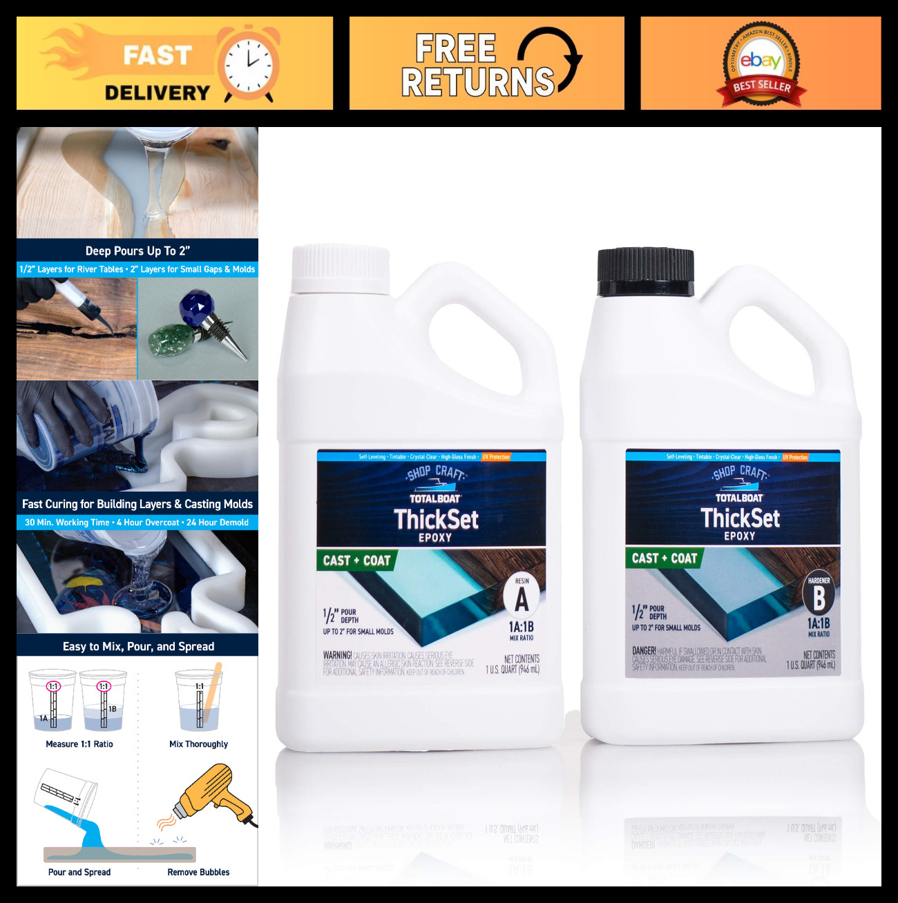 Thickset Deep Pour Epoxy Resin Kit – 2 Quart Crystal Clear, Fast Cure for Castin