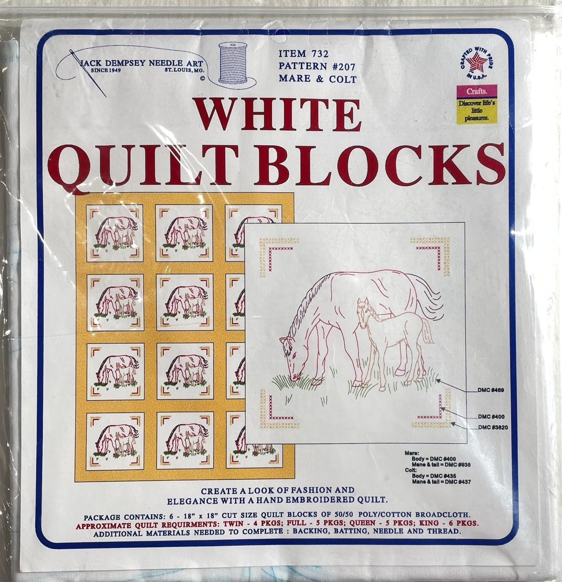 Jack Dempsey Stamped White Quilt Blocks 18″X18″ 6/Pkg Mare & Colt #732-207