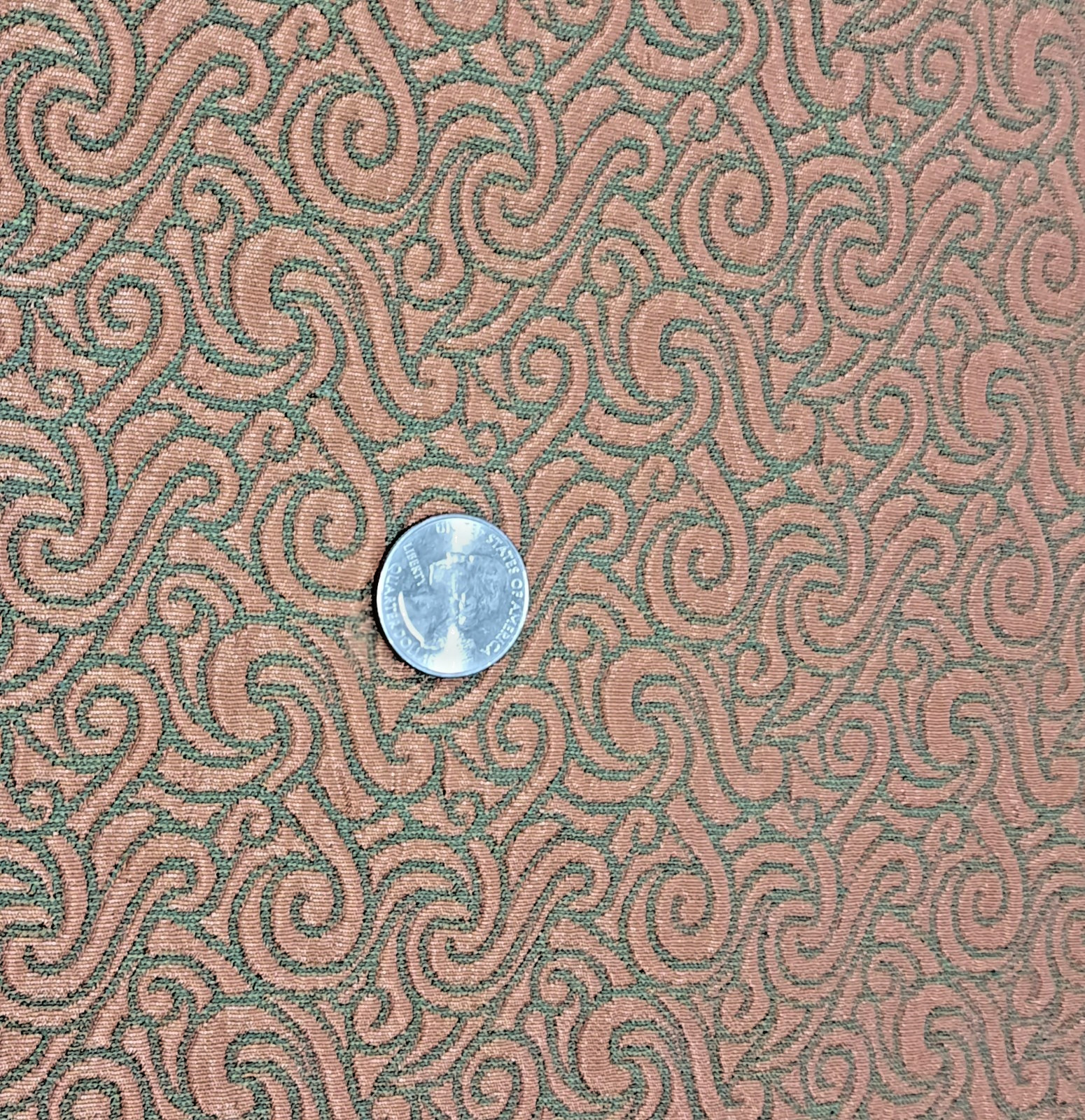 1960s MCM Jacquard Brocade Fabric Olive Green & Shiny Coral Swirl 52″ Wide