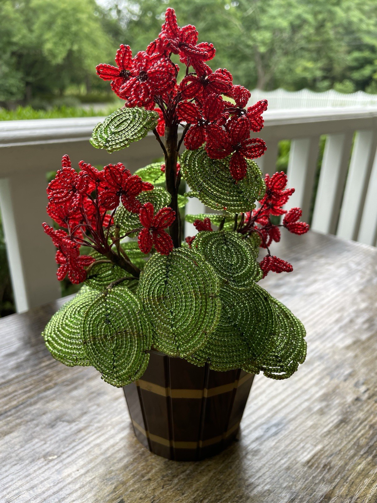 Vintage French Glass Seed Beaded Flowers Red Geranium Beaded Potted Arrangement