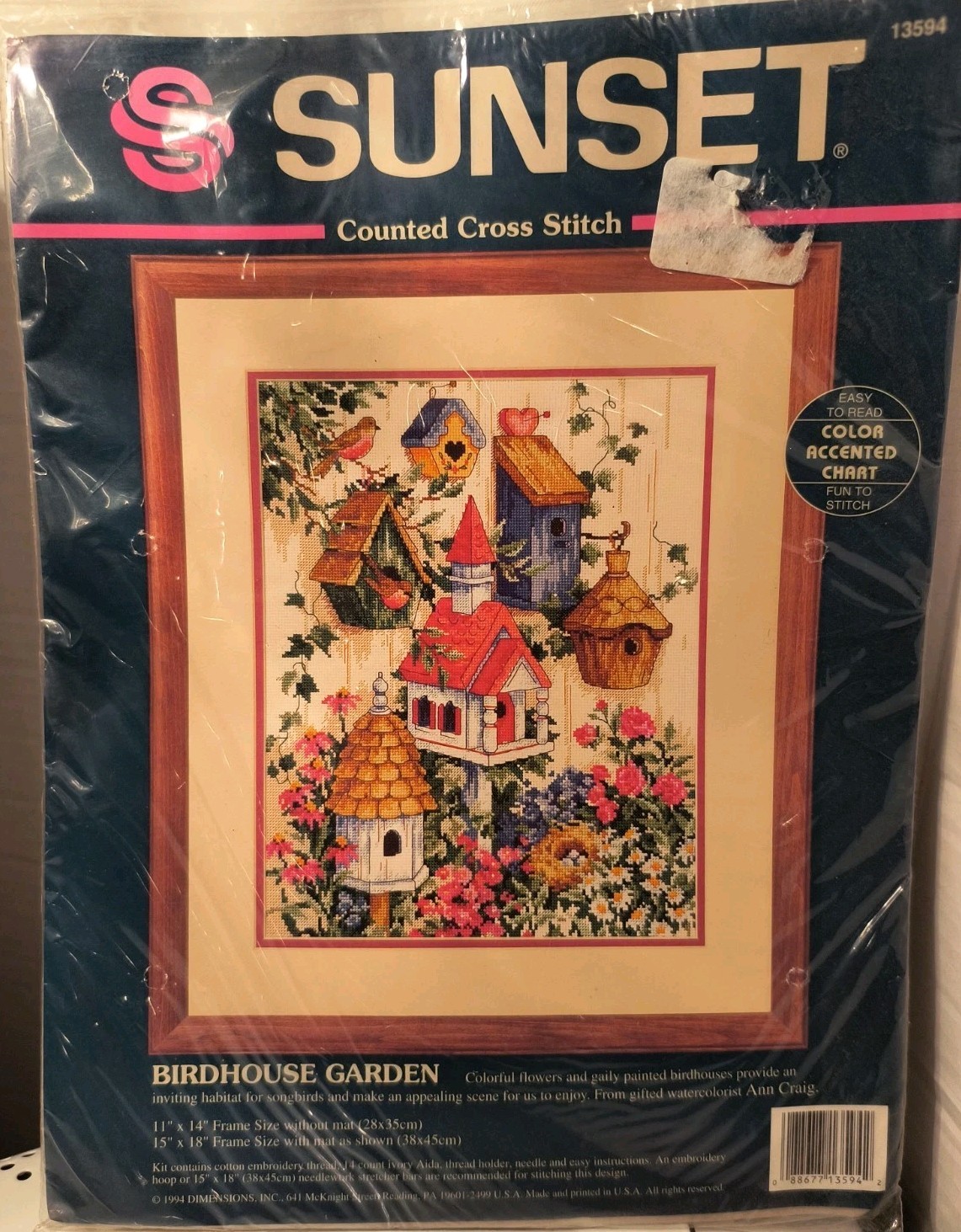 Sunset Counted Cross Stitch Kit Birdhouse Garden 11″x14″ 1994 13594 Vtg Sealed