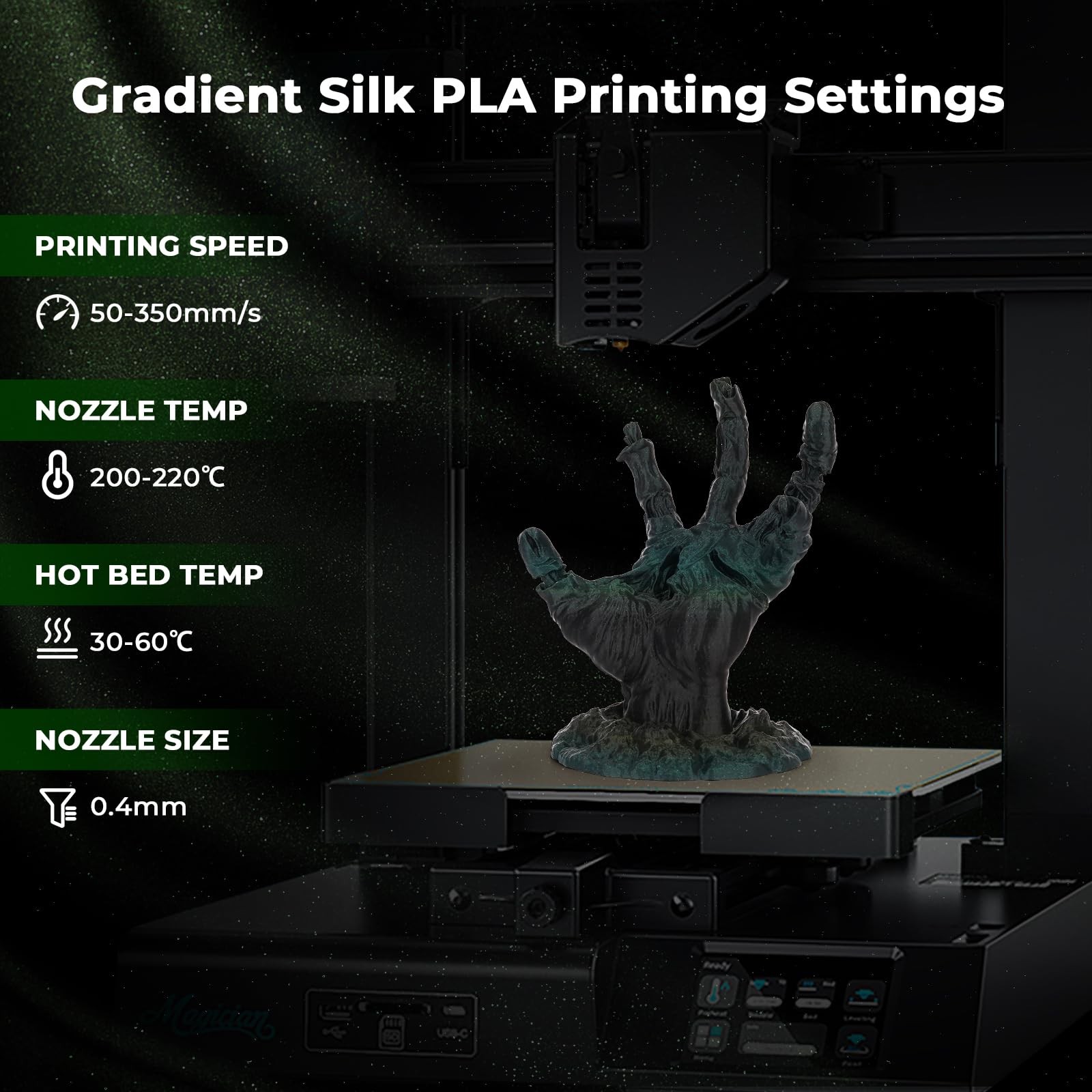 AMOLEN PLA 3D Printer Filament, Filament 1KG, Silk Gradient Black Green