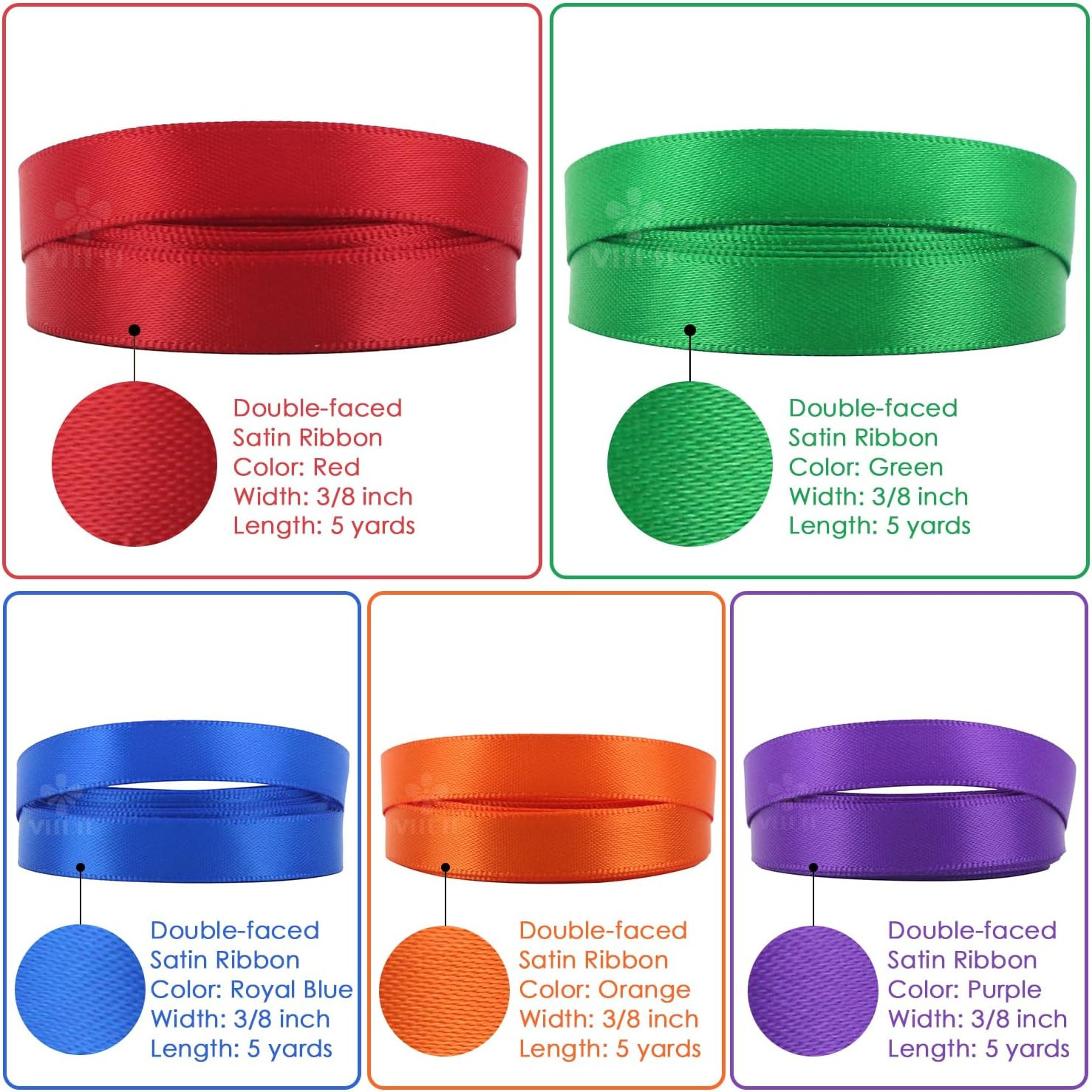 MEEDEE Rainbow Ribbon Solid Color Assortment 10 Colors Double Face Satin Ribbon