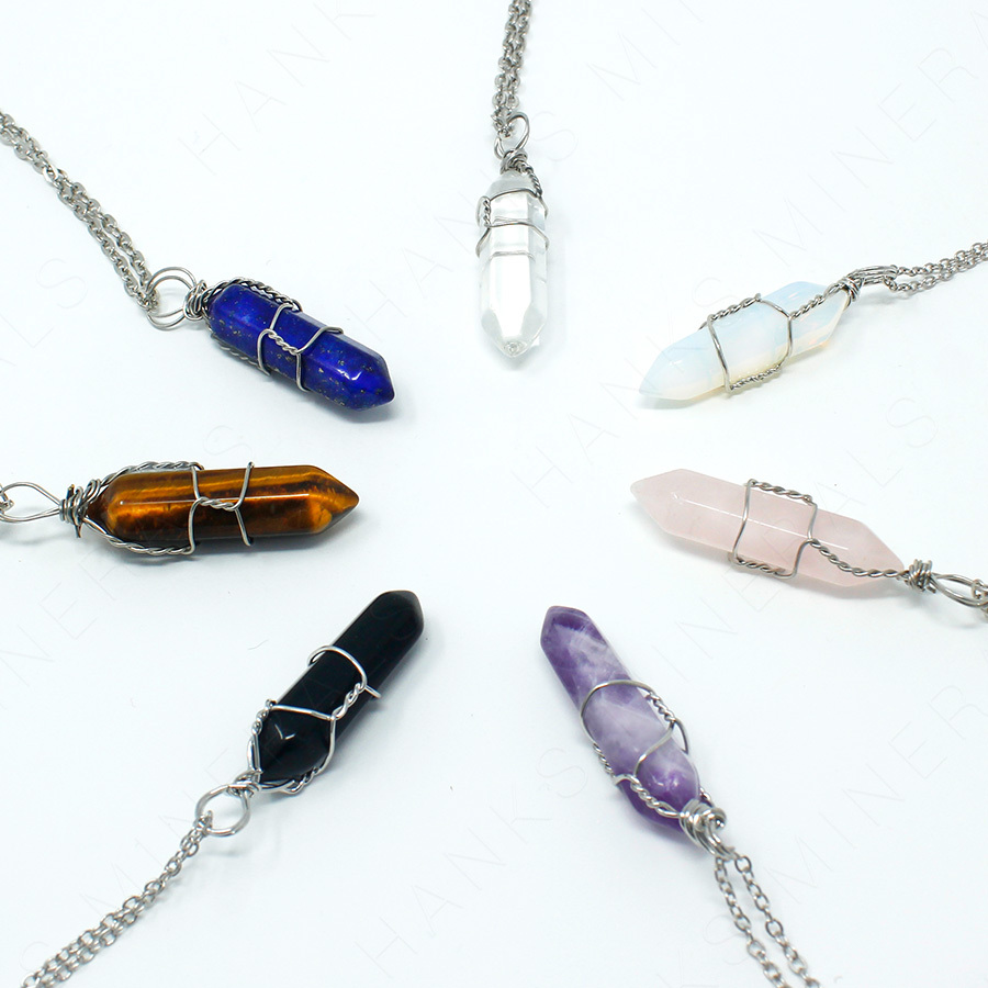 Wire-Wrapped Crystal Necklace Gemstone Pendant with Chain Opalite Onyx Amethyst