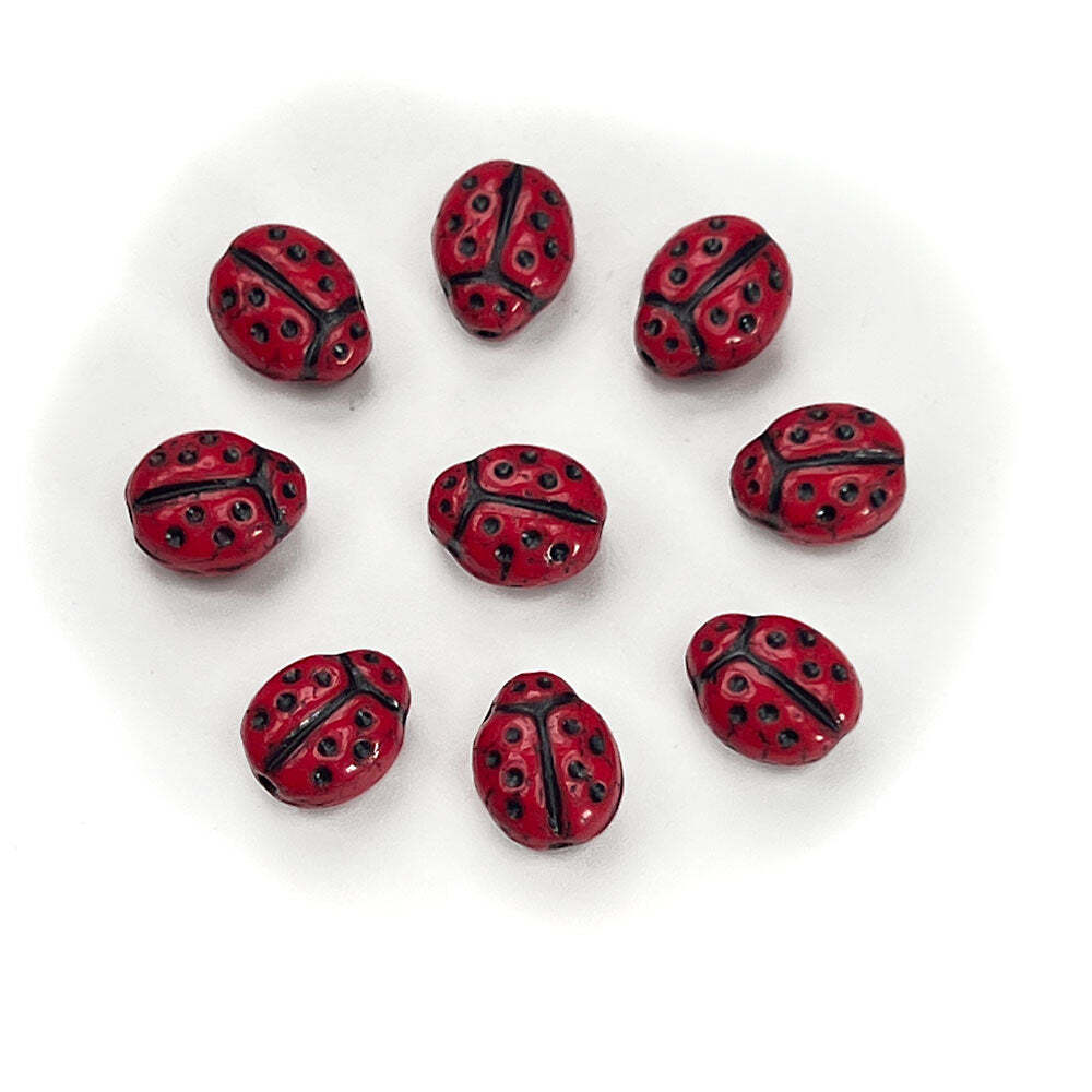 Czech Glass Druk Beads 9x7mm Ladybug Bead Red Coral Jet black Painting 50pc J097