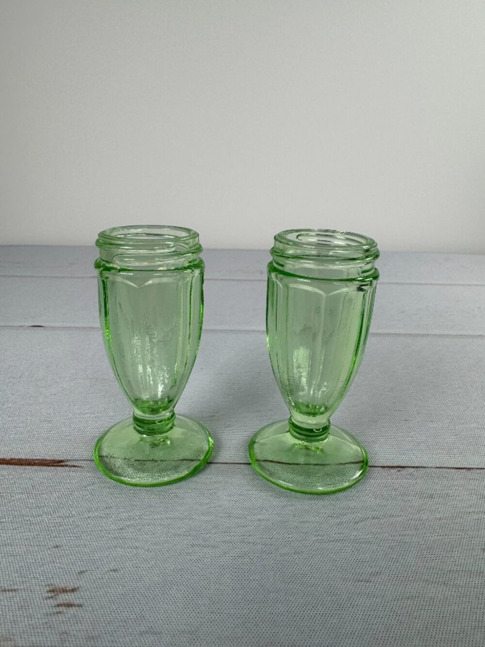 Vintage Hazel Atlas Uranium Vaseline Glass Salt & Pepper Shakers Pair No Lids