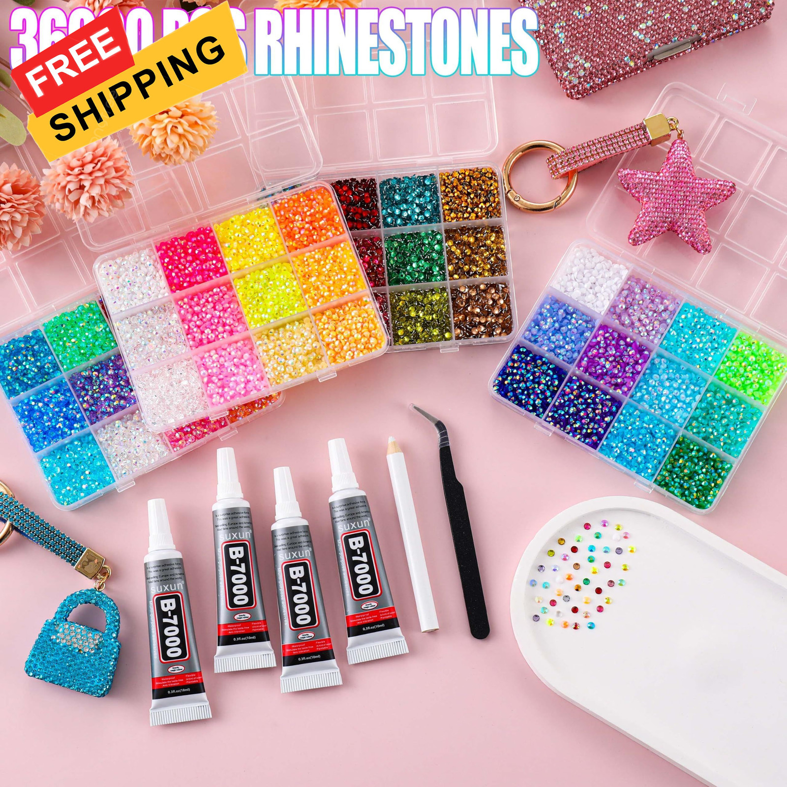 LERBOU Bedazzling Kit with 36000pcs 48 Colors Rhinestones, 3mm, 3mm Set1