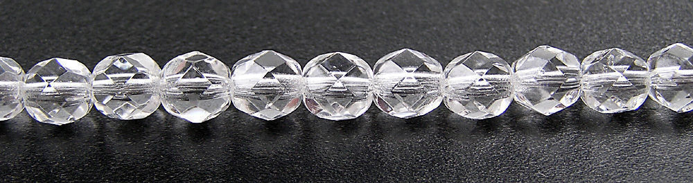 Czech Fire Polished Round Faceted Glass Beads in clear Crystal, 16″ strand