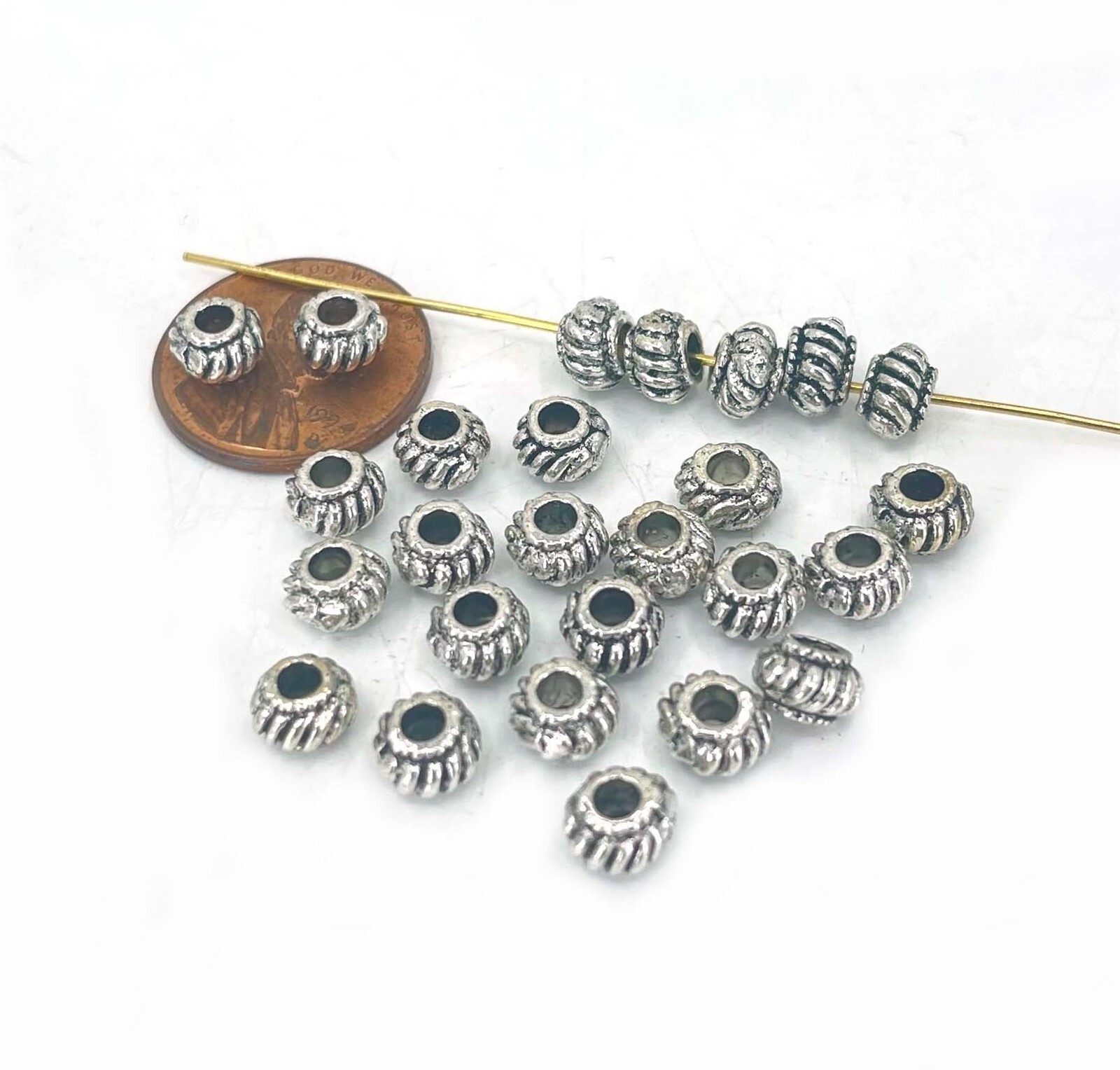 20 Corrugated Antique Silver Pewter Melon Spacer Rondelle Beads 6x4mm