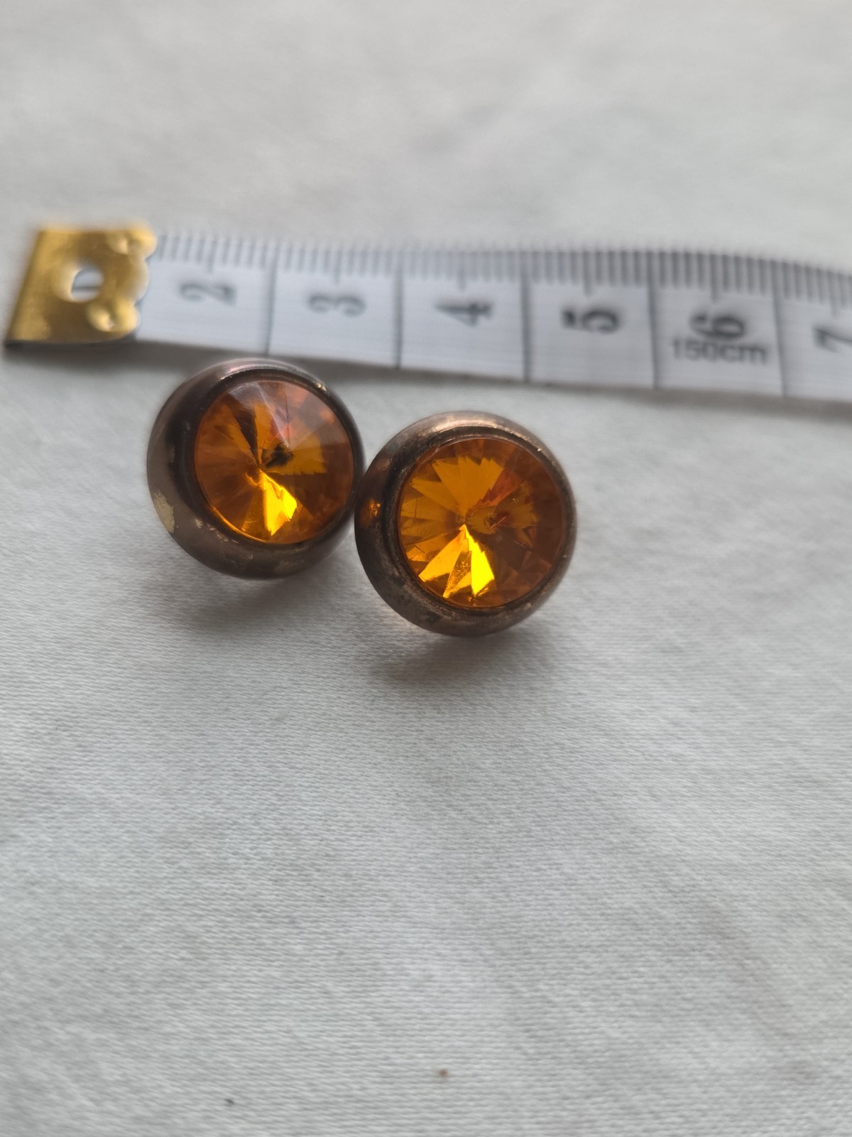 Vintage Amber Faceted Glass Rhinestone Shank Buttons Pair 18mm Copper Tone Coat