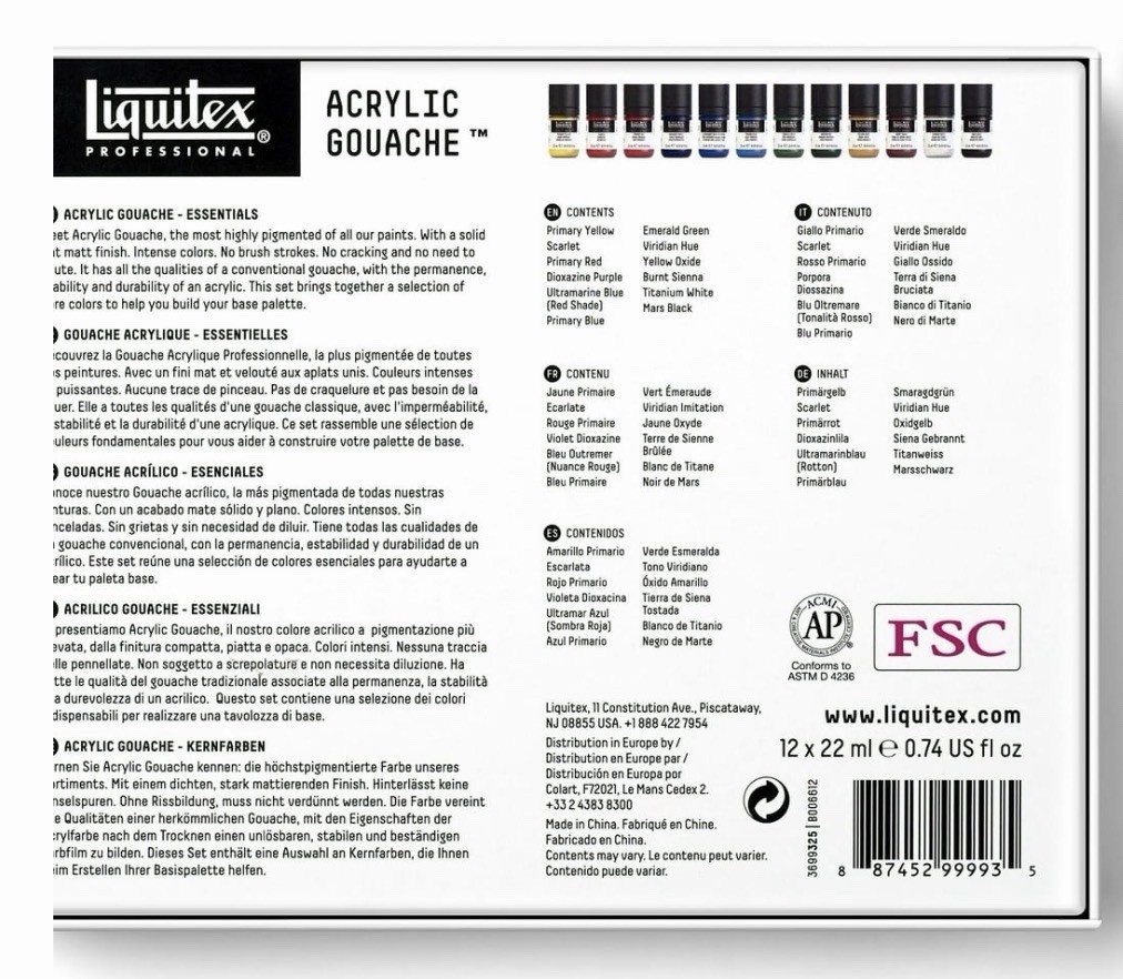 LIQUITEX ACRYLIC GOACHE ESSENTIALS 12 PC SET BRAND NEW FREE SHIPPING