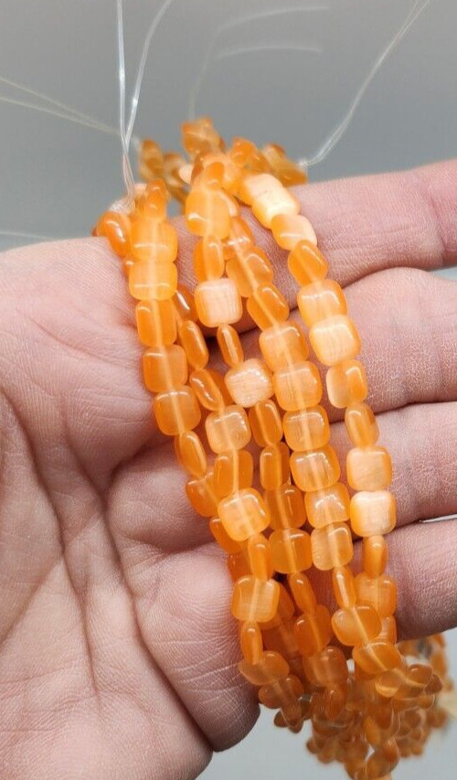 Orange Cat’s Eye Fiber Optic Glass 6mm Puffed Square Pillow Beads (60pcs)