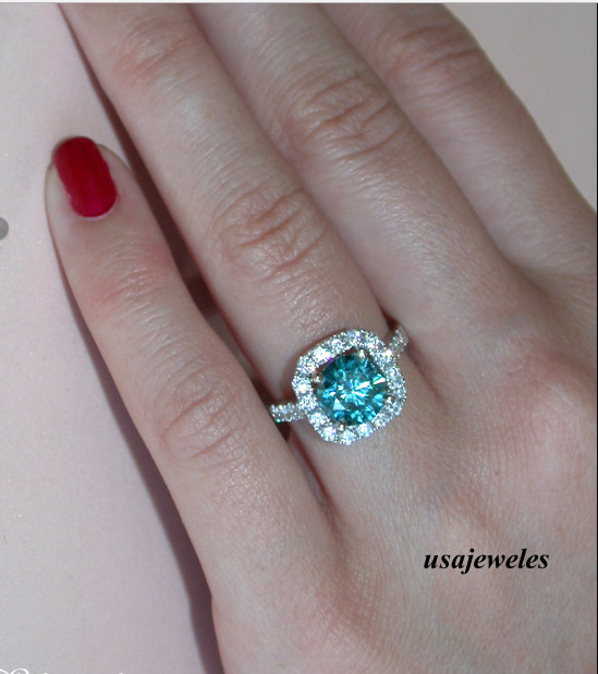 2.25CT Real Aquamarine Round Cut Wedding Halo Jewelry Ring 14K White Gold Finish