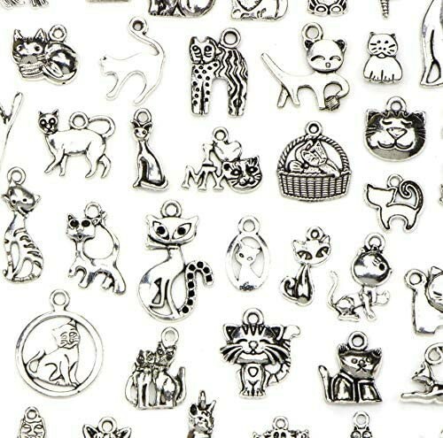 5 Cat Pendants Assorted Charms Lot Paw Print Antiqued Silver Mix Animal